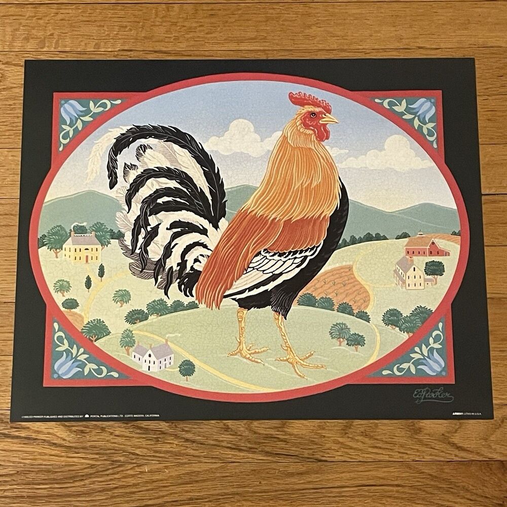 Vintage Americana Rooster Art Poster Print By Ed Parker 1993 16x20” Litho ARM541
